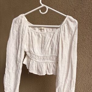 PULL&BEAR White Smocked Crop Blouse with Long Sleeves